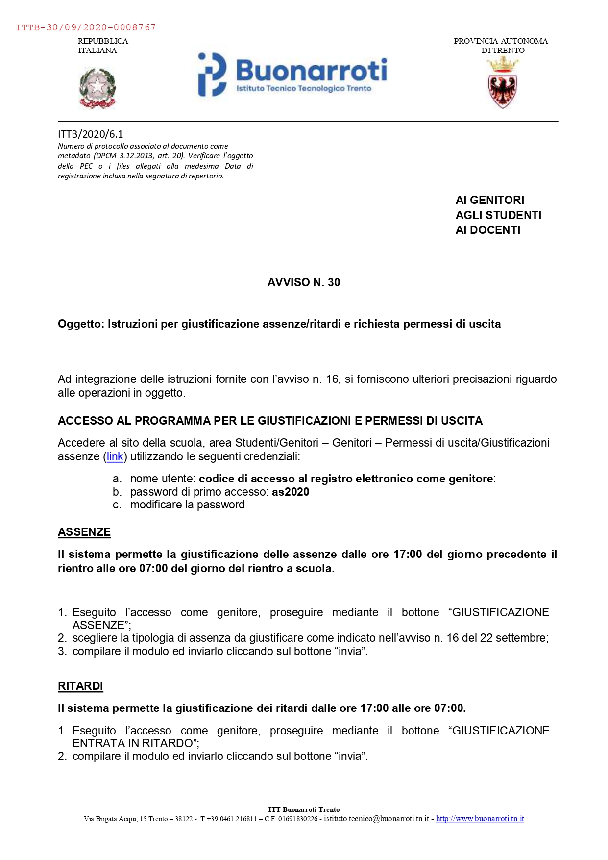 ITT Buonarroti - Istruzioni per giustificazione assenze/ritardi e